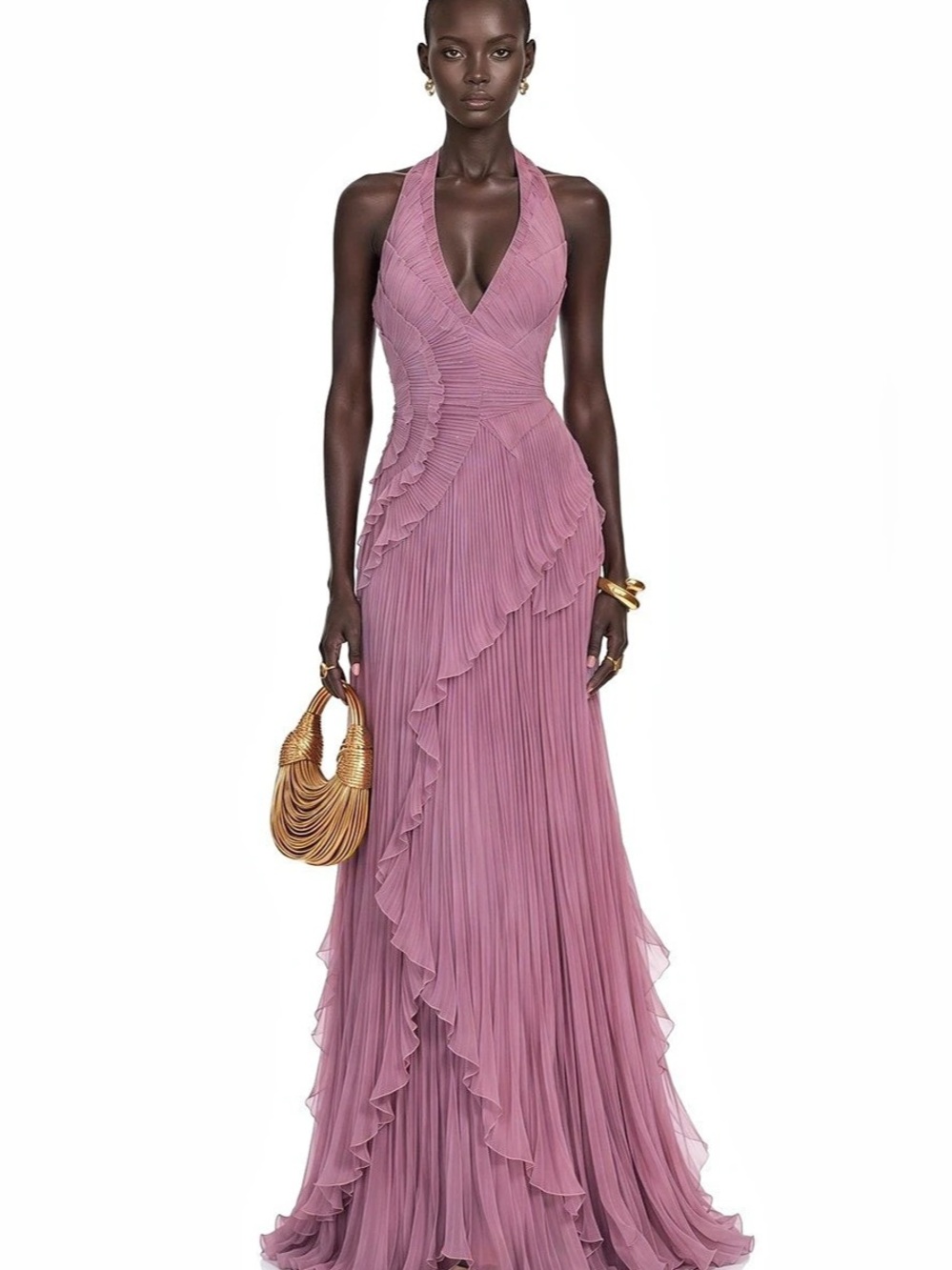 Miss Rosier Pleated Chiffon Romilda Dress Purple Maxi